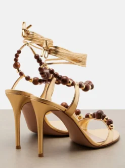 Sandales à talons hauts dorées pour femmes bout ouvert lacets et perles