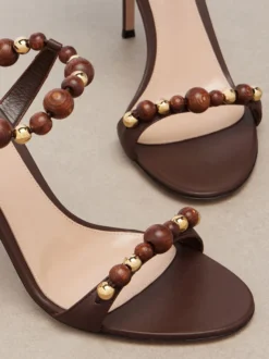 Sandales à talons hauts dorées pour femmes bout ouvert lacets et perles