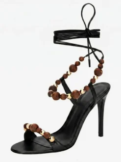 Sandales à talons hauts dorées pour femmes bout ouvert lacets et perles