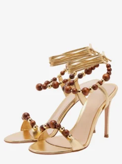 Sandales à talons hauts dorées pour femmes bout ouvert lacets et perles