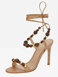 Sandales à talons hauts dorées pour femmes bout ouvert lacets et perles