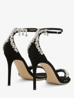 Sandales à talons hauts en daim noir bout ouvert strass talon aiguille chaussures de fête