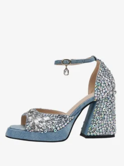 Sandales à talons hauts en denim bleu strass talon bloc bride à la cheville chaussures de soirée