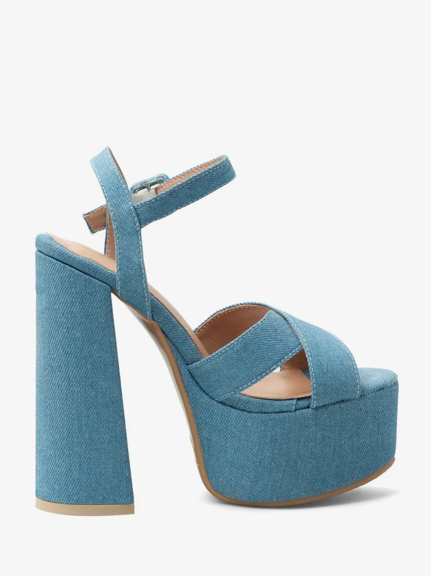 Sandales à talons hauts en denim bleu bout ouvert talon compensé