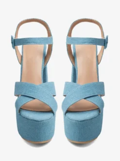 Sandales à talons hauts en denim bleu bout ouvert talon compensé