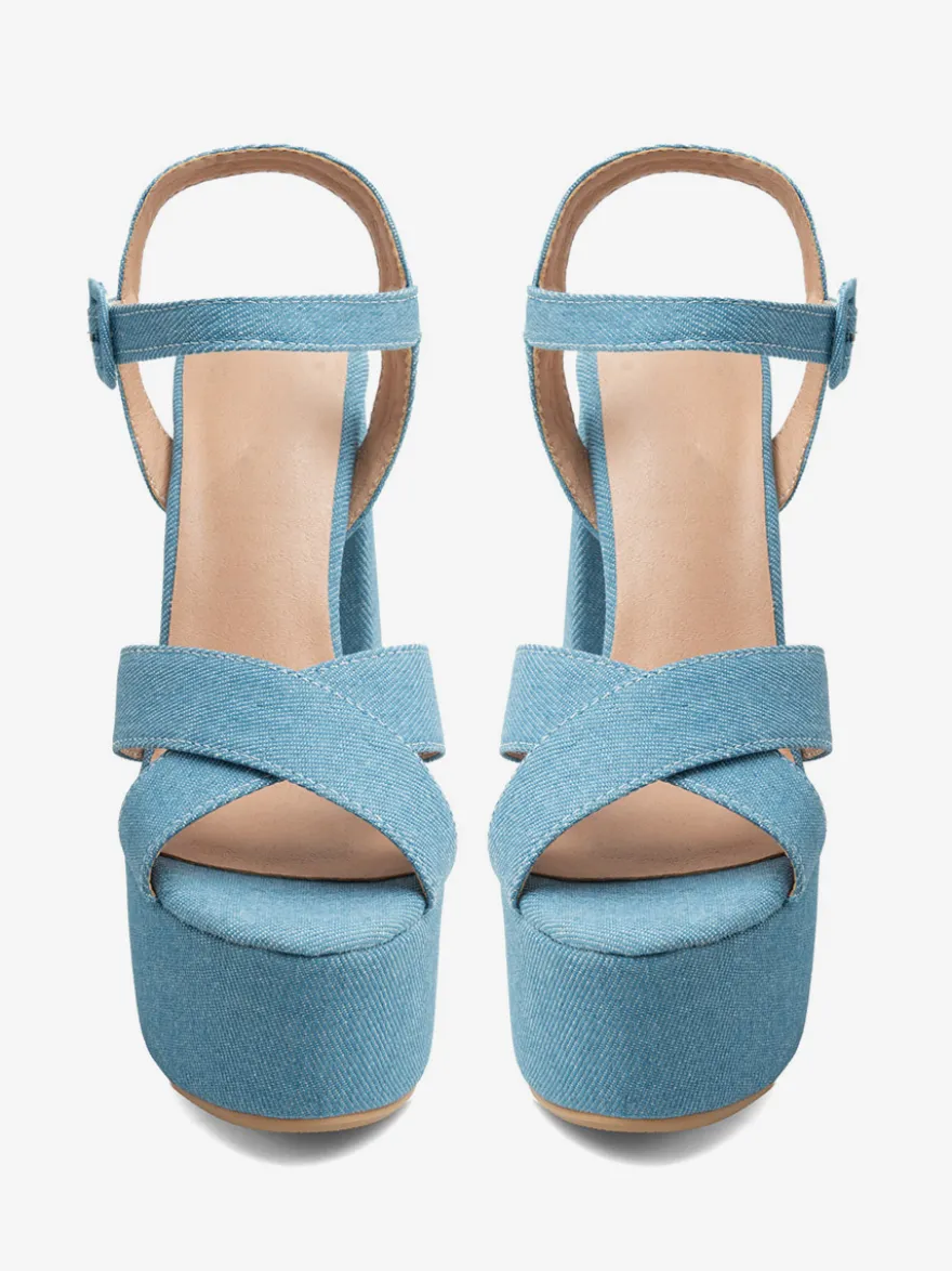 Sandales à talons hauts en denim bleu bout ouvert talon compensé