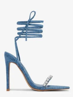 Sandales à talons hauts en jean avec strass et lacets pour femme