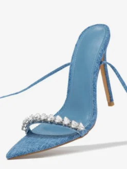 Sandales à talons hauts en jean avec strass et lacets pour femme