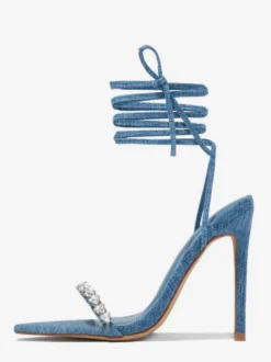 Sandales à talons hauts en jean avec strass et lacets pour femme