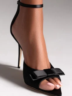 Sandales à talons hauts en satin bout ouvert bride à nœud à la cheville chaussures de soirée