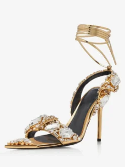 Sandales À Talons Hauts Lacet À Cheville Strass Chaussures De Bal Femmes De Soirée