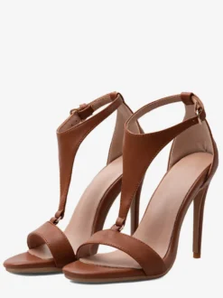 Sandales à talons hauts marron pour femmes bout ouvert talon aiguille en forme de T