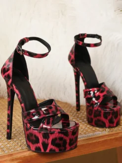 Sandales à talons hauts pour femmes plateforme imprimé léopard bride cheville sexy