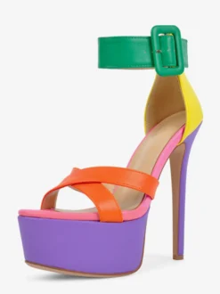 Sandales à talons hauts pour femmes plateforme colorée bout ouvert bride cheville et boucle