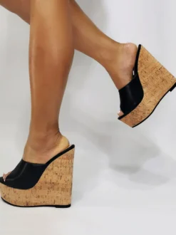Sandales à talons hauts sexy de grande taille en cuir synthétique polyuréthane noir talon compensé chaussures sexy chaussures de grande taille