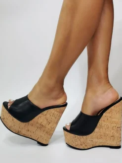 Sandales à talons hauts sexy de grande taille en cuir synthétique polyuréthane noir talon compensé chaussures sexy chaussures de grande taille