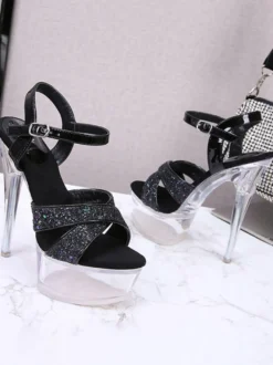 Sandales à talons pour femmes bride à la cheville et talon transparent sandales à talons rouges en tissu à paillettes sexy