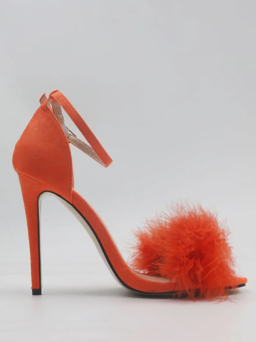 Sandales à talons pour femmes Bout ouvert Détail en fausse fourrure Sandales à talons aiguilles