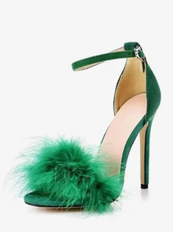 Sandales à talons pour femmes Bout ouvert Détail en fausse fourrure Sandales à talons aiguilles