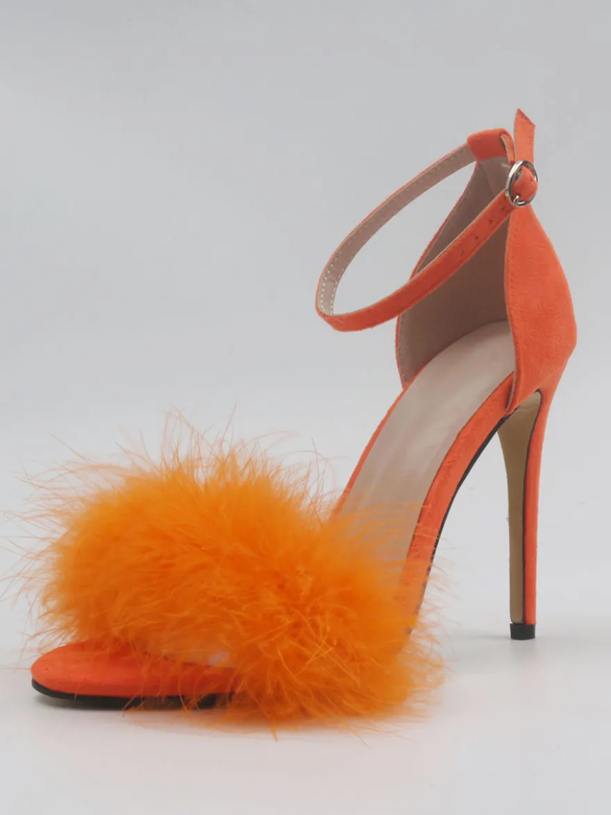 Sandales à talons pour femmes Bout ouvert Détail en fausse fourrure Sandales à talons aiguilles