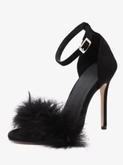 Sandales à talons pour femmes Bout ouvert Détail en fausse fourrure Sandales à talons aiguilles