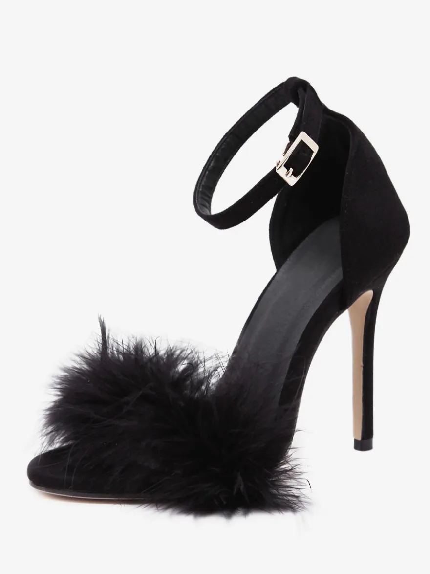 Sandales à talons pour femmes Bout ouvert Détail en fausse fourrure Sandales à talons aiguilles