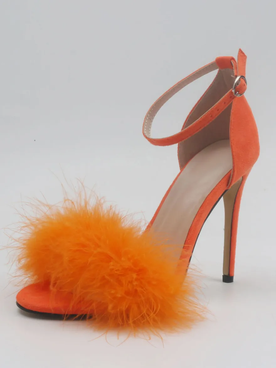 Sandales à talons pour femmes Bout ouvert Détail en fausse fourrure Sandales à talons aiguilles