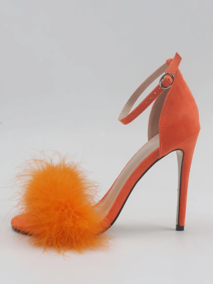 Sandales à talons pour femmes Bout ouvert Détail en fausse fourrure Sandales à talons aiguilles