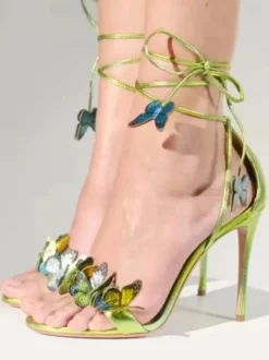 Sandales à talons pour femmes bout ouvert talon aiguille détail papillon chaussures de bal à lacets