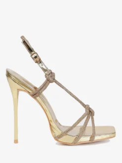 Sandales à talons pour femmes chaussures de soirée à bout ouvert et paillettes dorées