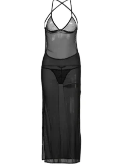 Séduisante mini robe sexy en nylon noire fendue élastique