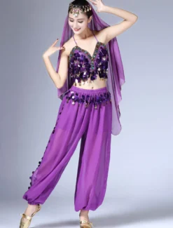 Sexy costume de danse orientale en chiffon en fibre polyester unicolore Danseuse orientale Performance Déguisements Halloween