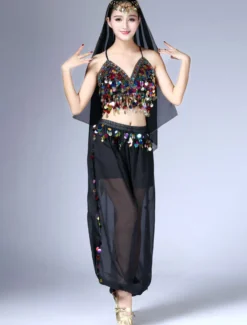 Sexy costume de danse orientale en chiffon en fibre polyester unicolore Danseuse orientale Performance Déguisements Halloween