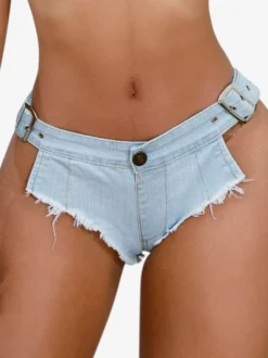 Short en jean taille basse à franges ourlet brut et boucle ajustable