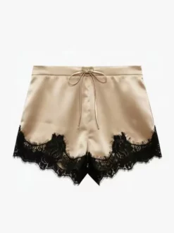 Short en satin champagne avec bordure en dentelle cils taille haute et cordon de serrage style décontracté