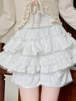 Short Lolita ample en dentelle à volants et pantalon Sweet Lolita rose