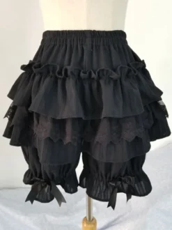 Short Lolita classique à volants avec nœud en dentelle noire et lolita en coton noir Déguisements Halloween