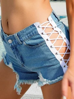 Shorts Femmes en Denim à Lacets Déchirés Moulants avec Franges Fermeture avec Bouton et Zip avec Poches Unicolore Sexy Pantalons Courts