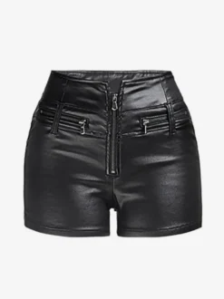 Short taille haute en similicuir fermeture éclair sur le devant poches multiples zippées coupe slim style décontracté.