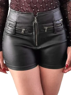 Short taille haute en similicuir fermeture éclair sur le devant poches multiples zippées coupe slim style décontracté.