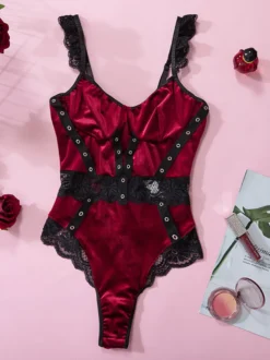 Sous-Vêtement Sexy En Velours À Épaule Ouverte En Dentelle Bordeaux Pour Lingerie Femme Soutien-Gorge