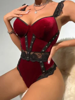 Sous-Vêtement Sexy En Velours À Épaule Ouverte En Dentelle Bordeaux Pour Lingerie Femme Soutien-Gorge