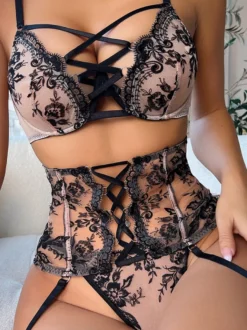 Soutien-Gorge Femme Sous-Vêtement Lingerie 3 Pièces Dentelle Bicolore Noir