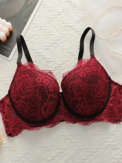 Soutien-gorge grande taille réglable push-up bustier à armatures imprimé floral rouge polyester lingerie décontractée en dentelle