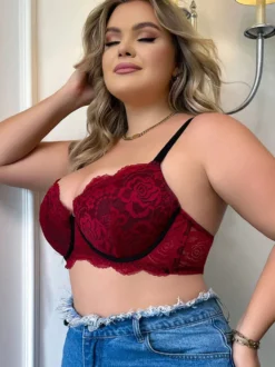 Soutien-gorge grande taille réglable push-up bustier à armatures imprimé floral rouge polyester lingerie décontractée en dentelle