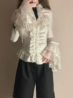 Steampunk Lolita Blouses Chemisier Manches Longues Volants Lolita Top Blouse Blanc Lolita Shirt
