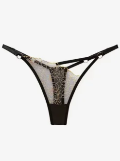 String sans entrejambe en dentelle noire brodée de fleurs lingerie féminine