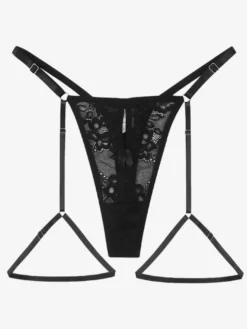 Strings découpés à lacets en dentelle transparente pour intérieur culottes de lingerie noires