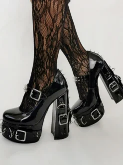 Style Punk Talons Hauts Noir Boucle Détail Rivets Talons Hauts
