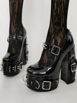 Style Punk Talons Hauts Noir Boucle Détail Rivets Talons Hauts